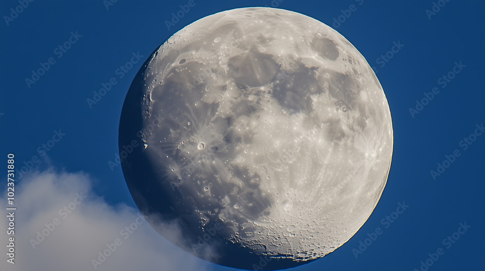 Close-up of a gibbous moon against a blue sky with a cloud in the foreground. Close-up of a gibbous moon against a blue sky with a cloud in the foreground.