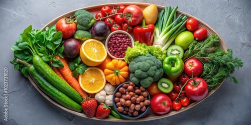 Assortment of healthy vegetables and fruits rich in vitamin A beautifully arranged in a round box , nutrition, organic