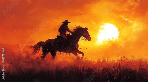 Wallpaper Mural A lone cowboy rides a horse through a field at sunset. The sun is a large, bright circle in the sky, and the sky is a vibrant orange. Torontodigital.ca