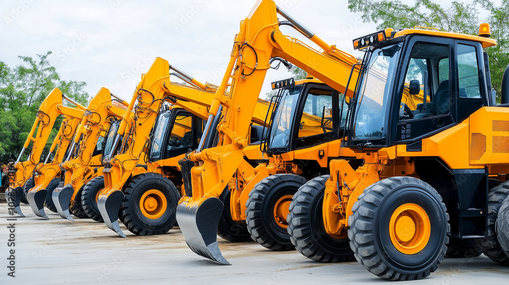 Row of yellow excavators parked on a concrete lot. Row of yellow excavators parked on a concrete lot.