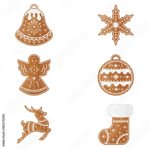 Christmas stickers. Collection of tasty ginger cookies: bell, snowflake, angel, ball, deer and Christmas sock on white background. Vector illustration.