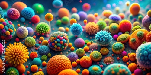 A vibrant and colorful microscopic world of microorganisms and abstract forms, microscopic, vibrant, colorful