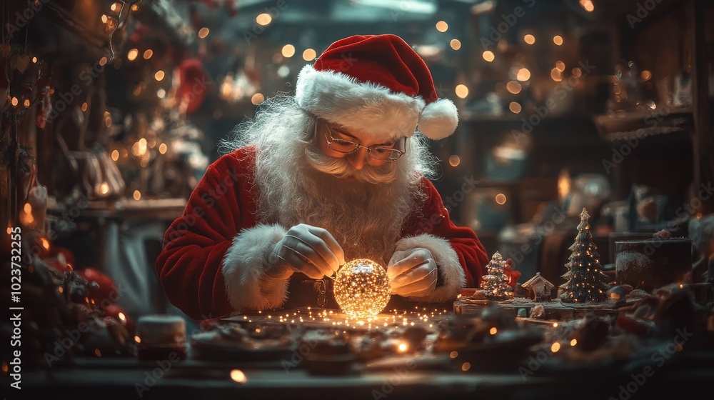 Santa Claus crafts a sparkling Christmas ornament amidst a cozy, festive workshop filled with lights and decorations. Santa Claus crafts a sparkling Christmas ornament amidst a cozy, festive workshop filled with lights and decorations.
