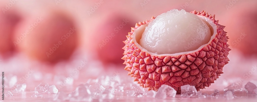 Naklejka premium A close-up of a lychee fruit, showing its textured skin and juicy white flesh, with other lychees blurred in the background against a pink backdrop.