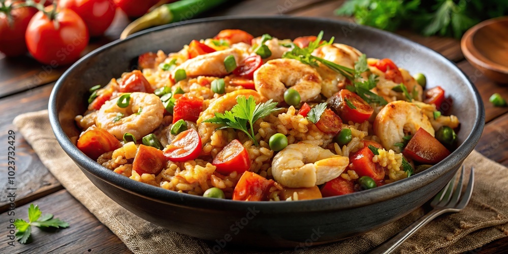 Long shot of a delicious jambalaya dish topped with shrimp, chicken, white rice, tomatoes, and celery Long shot of a delicious jambalaya dish topped with shrimp, chicken, white rice, tomatoes, and celery