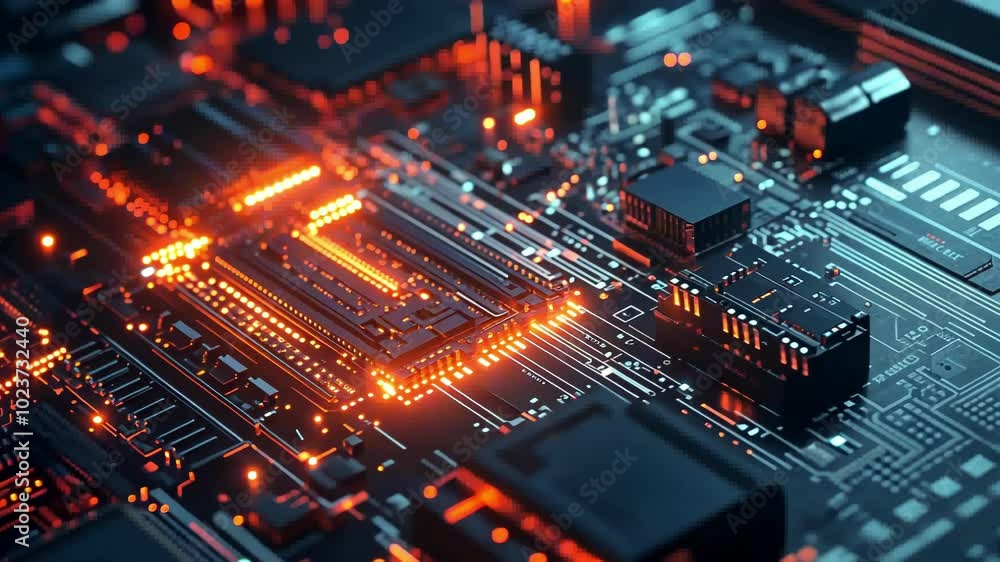 A close-up view of a futuristic circuit board with glowing elements. A close-up view of a futuristic circuit board with glowing elements.