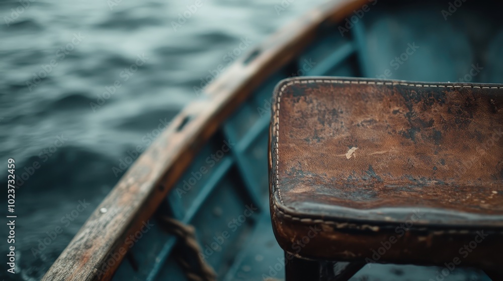A rustic, worn boat seat contrasts with the calm, reflective waters below, evoking a sense of peace and contemplation during a serene boat ride. A rustic, worn boat seat contrasts with the calm, reflective waters below, evoking a sense of peace and contemplation during a serene boat ride.