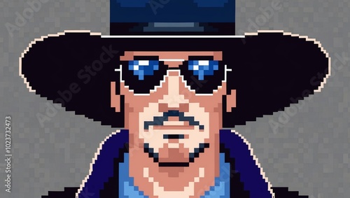 Pixelated portrait of a man with a wide-brimmed hat and sunglasses 