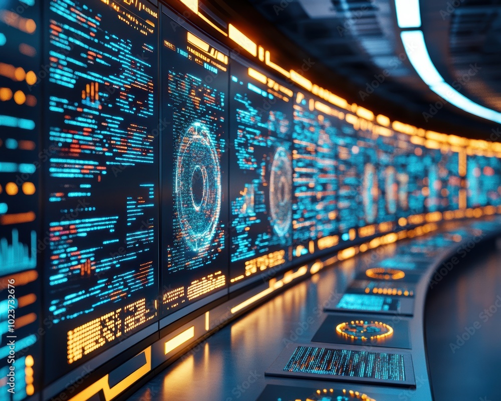 A futuristic control room featuring a long row of digital data displays and advanced interfaces, highlighting cutting-edge technology for monitoring and analysis A futuristic control room featuring a long row of digital data displays and advanced interfaces, highlighting cutting-edge technology for monitoring and analysis