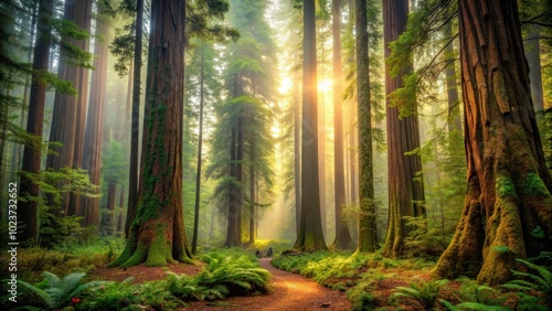 of a mysterious and enchanting redwood forest, redwoods, trees, nature, forest, greenery, foliage, sunlight, shadows