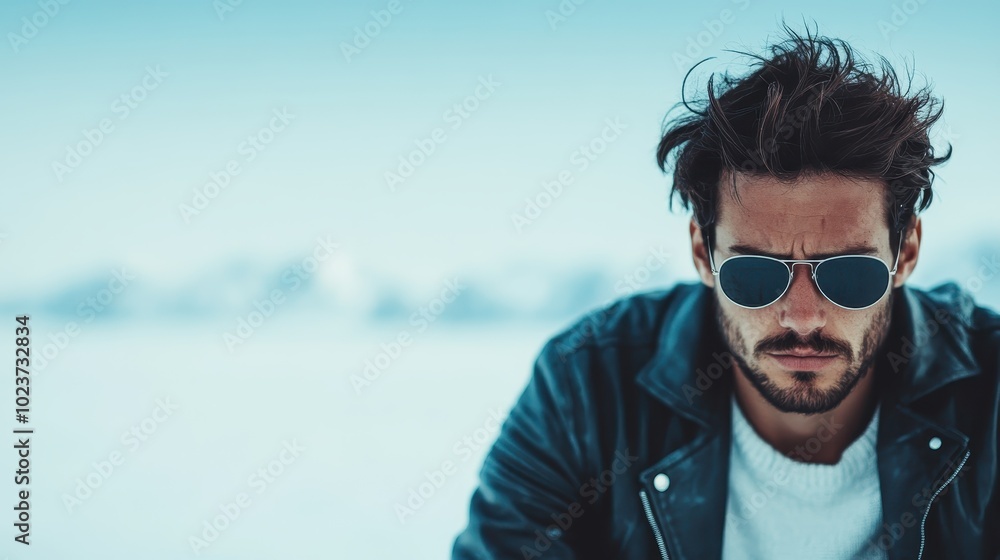 A man wearing reflective sunglasses and a leather jacket stands in a snowy landscape, showcasing a rugged style amidst a serene, cold background, evoking solitude. A man wearing reflective sunglasses and a leather jacket stands in a snowy landscape, showcasing a rugged style amidst a serene, cold background, evoking solitude.