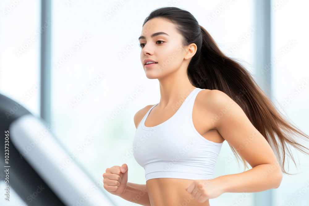 Woman running on a treadmill in a bright gym during a morning workout session Woman running on a treadmill in a bright gym during a morning workout session
