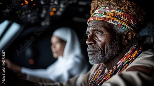 An elderly man adorned with multicolored beads is seen in an aircraft cockpit, suggesting a mixture of tradition, wisdom, and modern aviation influences.