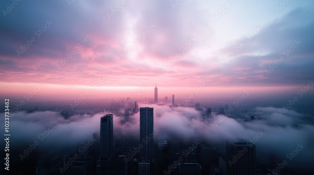 This stunning skyline shot captures the cityscape emerging through ethereal clouds at dawn, bathed in pink hues, creating a serene and majestic atmosphere. This stunning skyline shot captures the cityscape emerging through ethereal clouds at dawn, bathed in pink hues, creating a serene and majestic atmosphere.