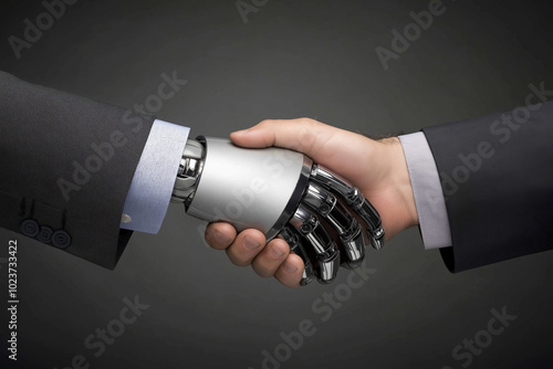 Human and robotic hands shake in agreement, symbolizing collaboration in technology