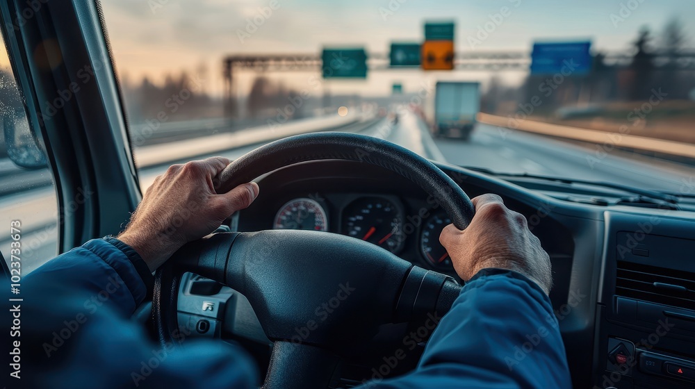A driver grips the steering wheel while navigating a busy highway under a cloudy sky A driver grips the steering wheel while navigating a busy highway under a cloudy sky