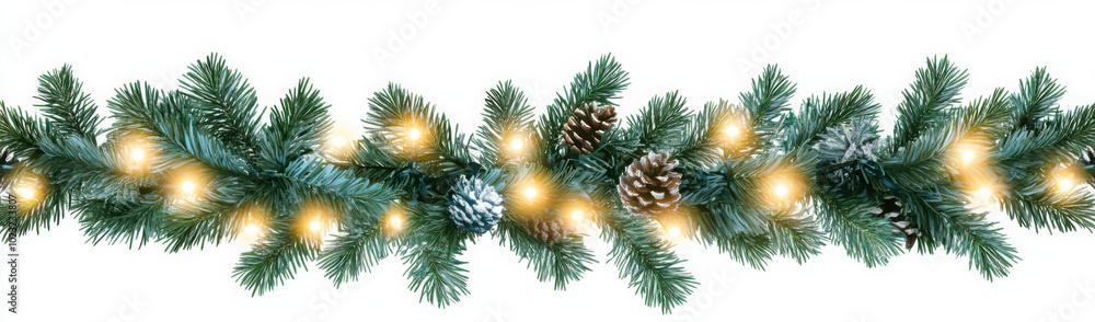 Seamless decorative christmas border with lights garland and coniferous branches isolated on transparent background Seamless decorative christmas border with lights garland and coniferous branches isolated on transparent background