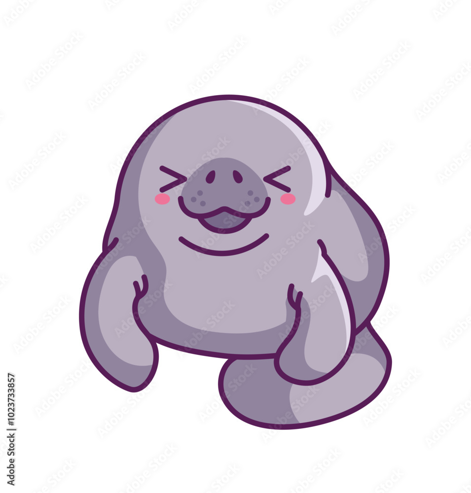 Cute manatee sticker. Adorable character with fins smile. Arctic mammal mascot. Sea and ocean fauna and wild life. Funny creature. Flat vector illustration isolated on white background Cute manatee sticker. Adorable character with fins smile. Arctic mammal mascot. Sea and ocean fauna and wild life. Funny creature. Flat vector illustration isolated on white background