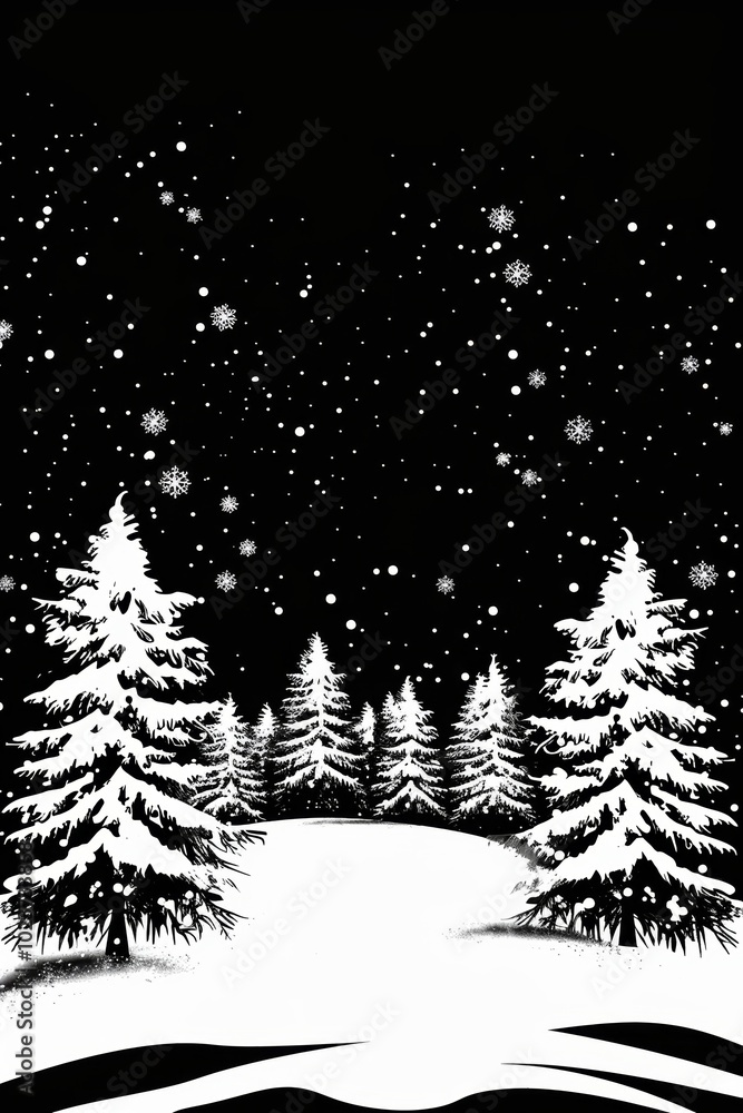 Obraz premium A black and white photo of a snowy forest with trees. The trees are bare and covered in snow, and the sky is dark