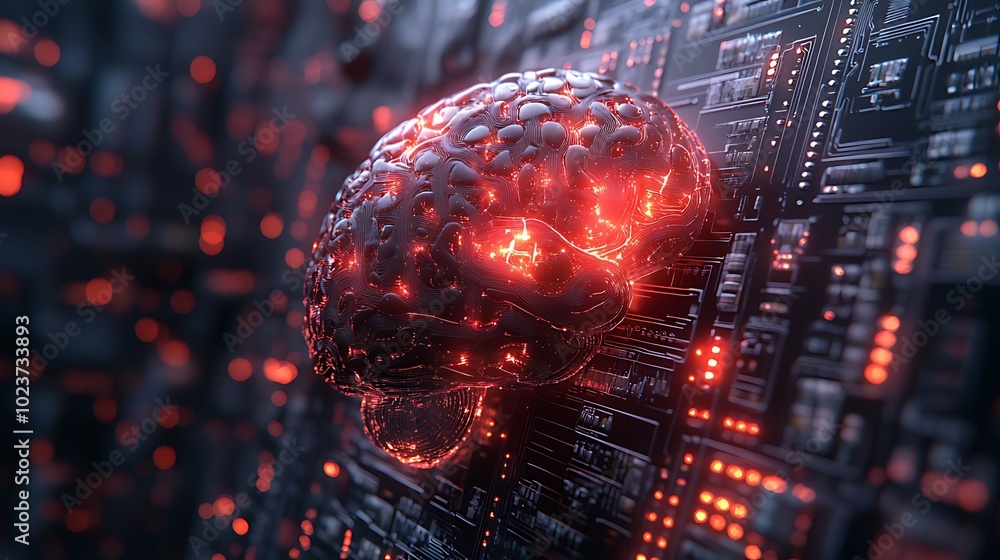 A glowing red human brain on a circuit board representing artificial intelligence, technology, and neural networks. A glowing red human brain on a circuit board representing artificial intelligence, technology, and neural networks.