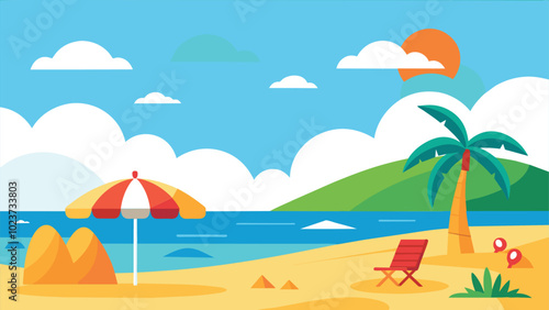 Beach Scene with Palm Tree, Sandcastle, and Chair