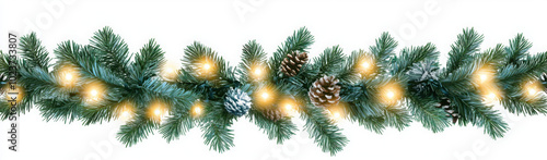 Seamless decorative christmas border with lights garland and coniferous branches isolated on transparent background