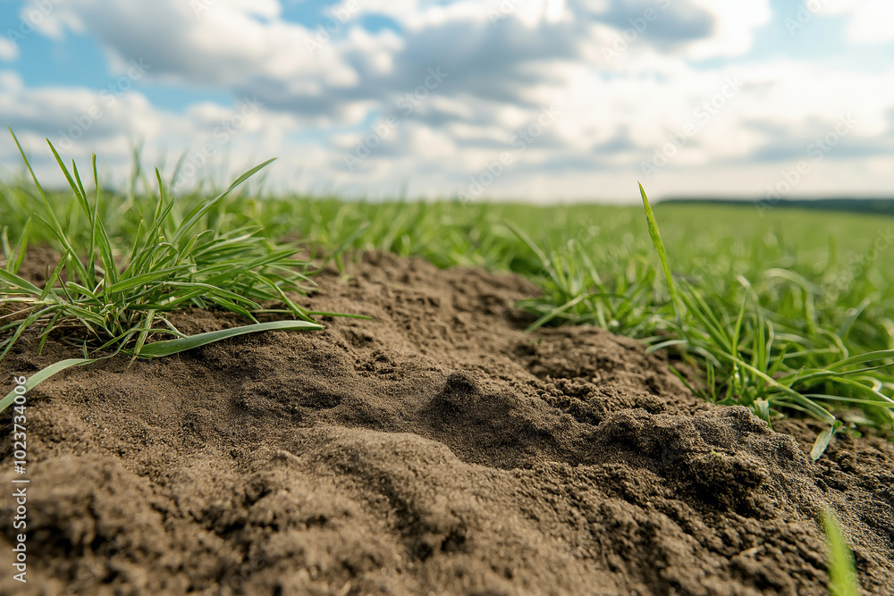 Close-up of rich soil and green grass under a bright sky on a sunny day Close-up of rich soil and green grass under a bright sky on a sunny day