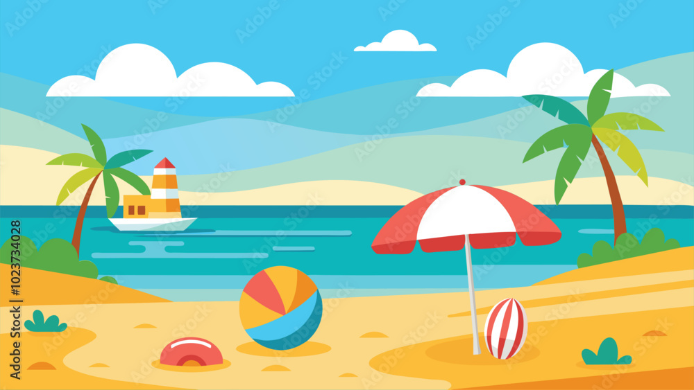 Beach Paradise with Palm Trees, Sunshades, and Boats Beach Paradise with Palm Trees, Sunshades, and Boats