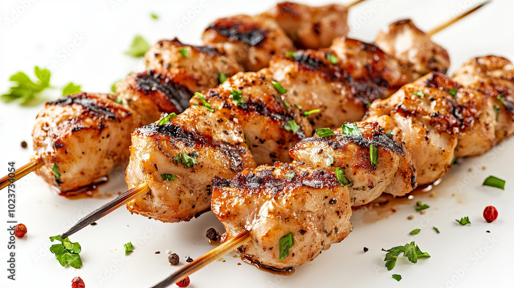 Grilled chicken skewers on white background Grilled chicken skewers on white background