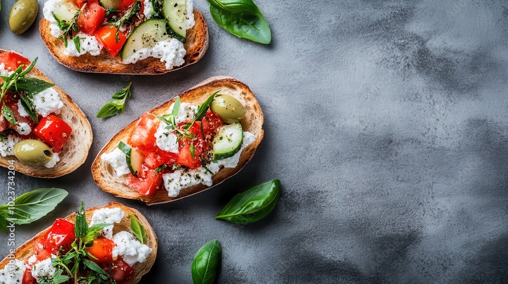 Delicious bruschetta topped with fresh tomato, cucumber, olives, and mozzarella, garnished with basil, served on rustic bread for a refreshing snack. Delicious bruschetta topped with fresh tomato, cucumber, olives, and mozzarella, garnished with basil, served on rustic bread for a refreshing snack.