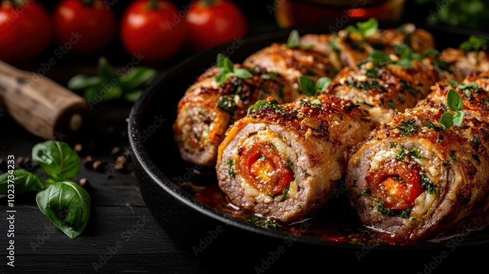 A tasty dish featuring beef rolls stuffed with vegetables, garnished with fresh herbs, ready to be served in a black pan with tomatoes in the background. A tasty dish featuring beef rolls stuffed with vegetables, garnished with fresh herbs, ready to be served in a black pan with tomatoes in the background.
