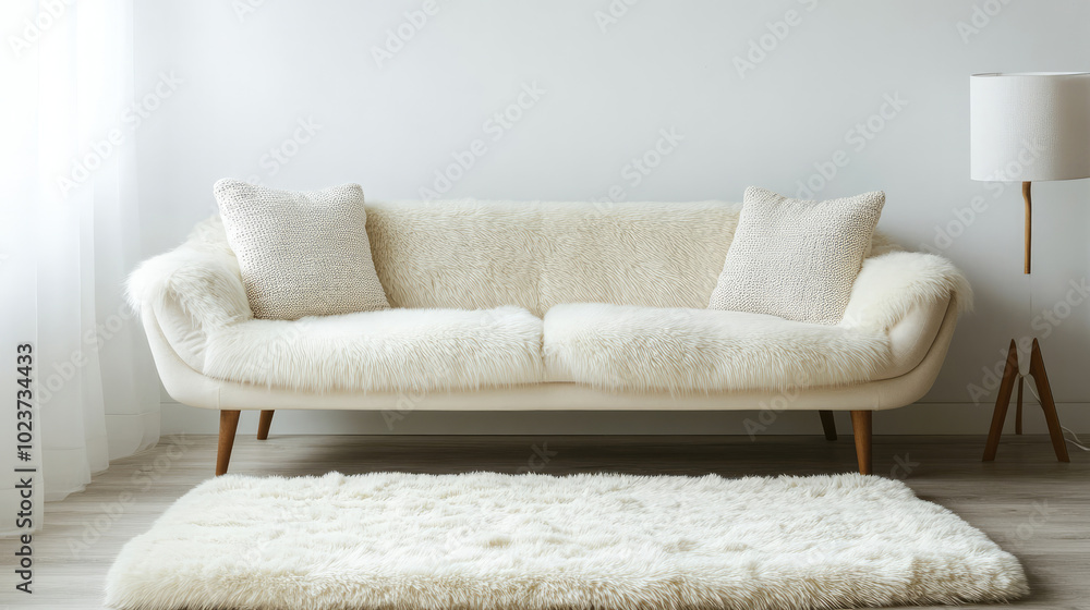 A pristine white fluffy couch presented in an elegantly minimalist setting, offering a calming ambience with soft lighting and tasteful interior detailing. A pristine white fluffy couch presented in an elegantly minimalist setting, offering a calming ambience with soft lighting and tasteful interior detailing.