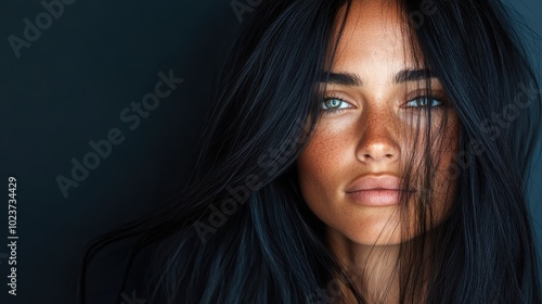 A stunning portrait of a freckled woman with striking blue eyes and vivid dark hair, capturing a soulful expression full of intensity and emotion.