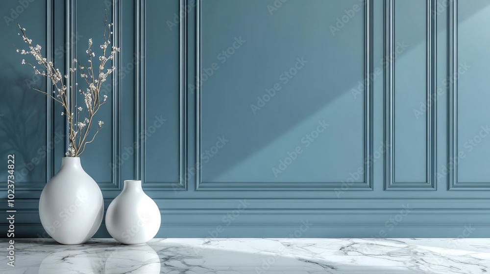 Two white vases with dried branches stand against a calming blue paneled wall. The marble floor enhances the serene minimalist decor, creating a tranquil atmosphere. Two white vases with dried branches stand against a calming blue paneled wall. The marble floor enhances the serene minimalist decor, creating a tranquil atmosphere.