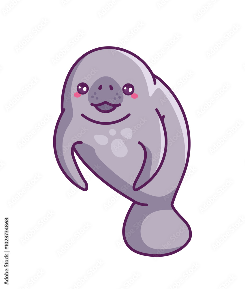 Cute manatee sticker. Character with fins smile. Grey arctic mammal mascot. Underwater and aquatic wildlife. Marine creature. Flat vector illustration isolated on white background Cute manatee sticker. Character with fins smile. Grey arctic mammal mascot. Underwater and aquatic wildlife. Marine creature. Flat vector illustration isolated on white background
