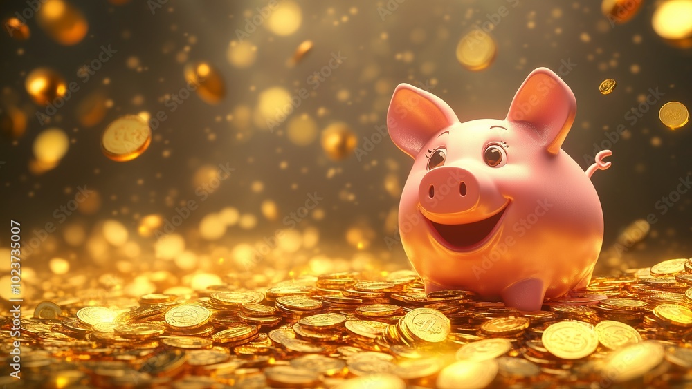 A pink piggy bank surrounded by coins, representing savings and financial growth A pink piggy bank surrounded by coins, representing savings and financial growth
