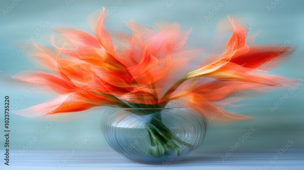 Vibrant orange flowers arranged in a clear vase with a soft background, showcasing a beautiful still-life composition Vibrant orange flowers arranged in a clear vase with a soft background, showcasing a beautiful still-life composition