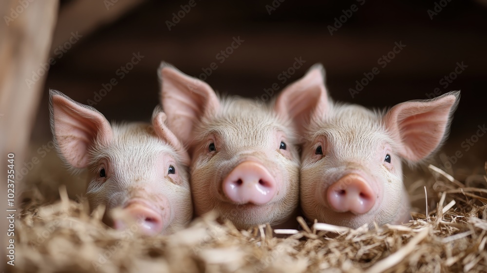 Three piglets rest closely together atop a bed of straw within their barn, illustrating companionship and the warmth of farm life amidst a rustic, peaceful backdrop. Three piglets rest closely together atop a bed of straw within their barn, illustrating companionship and the warmth of farm life amidst a rustic, peaceful backdrop.