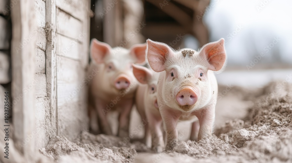 A trio of piglets explores the muddy ground near a wooden barn gate, capturing the adventurous spirit and playfulness of animals thriving in their natural habitat. A trio of piglets explores the muddy ground near a wooden barn gate, capturing the adventurous spirit and playfulness of animals thriving in their natural habitat.