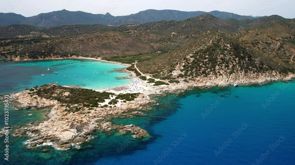 Sardegna (Sardinia) Italy. Best scenic beaches in south part. Beautiful Punta Molentis with turquoise trasparent sea and white sandy beach. Aerial drone 4k hd video Sardegna (Sardinia) Italy. Best scenic beaches in south part. Beautiful Punta Molentis with turquoise trasparent sea and white sandy beach. Aerial drone 4k hd video