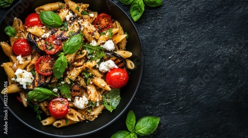 Wallpaper Mural A flavorful pasta dish with roasted vegetables, including juicy tomatoes and fresh basil, served in a black bowl, creating an enticing culinary experience. Torontodigital.ca