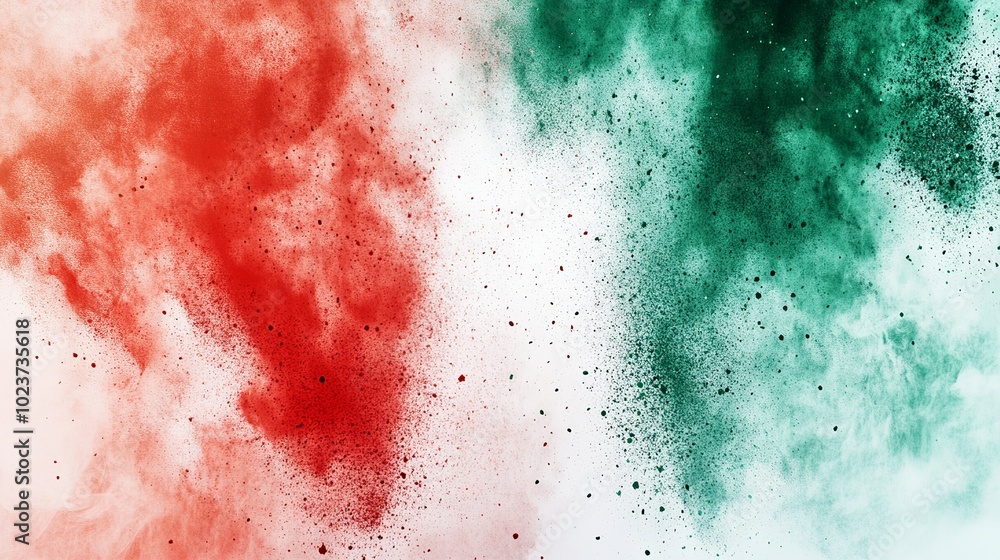 Isolated background with holographic paint powder explosion in the colors of the Italian flag: green, white, red. Europe, Italy, and travel/tourism idea. Isolated background with holographic paint powder explosion in the colors of the Italian flag: green, white, red. Europe, Italy, and travel/tourism idea.