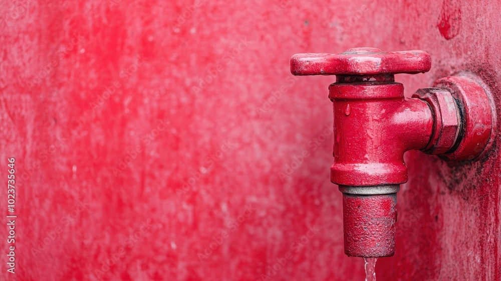 A rusty red faucet leaks a single droplet of water against a striking red textured wall, symbolizing endurance and decay in an industrial outdoor environment. A rusty red faucet leaks a single droplet of water against a striking red textured wall, symbolizing endurance and decay in an industrial outdoor environment.