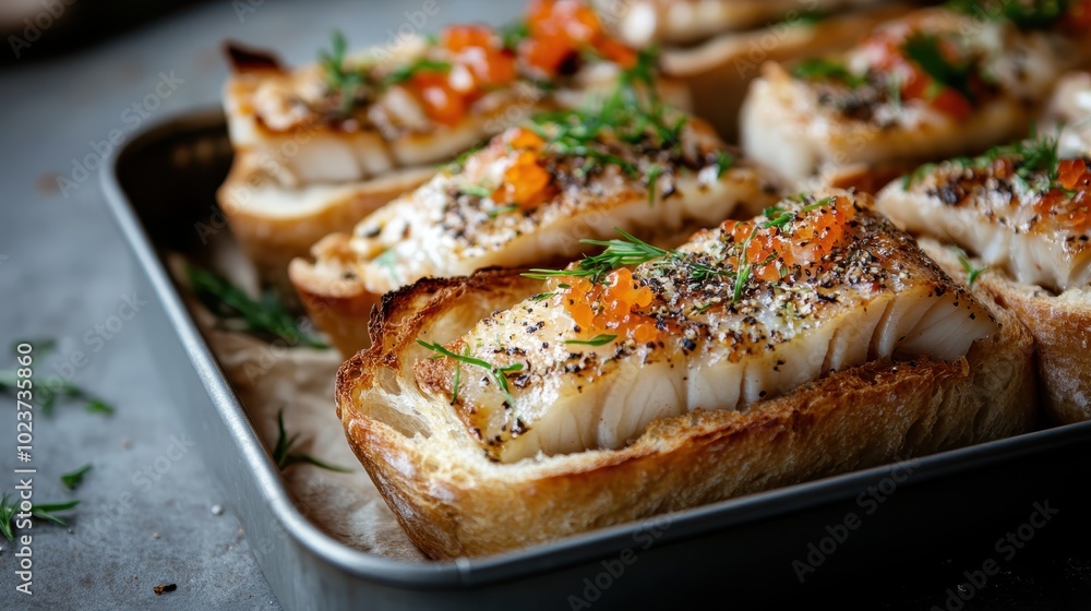 A delicious gourmet presentation of fish topped with roe on crispy bread garnished with fresh herbs, offering an appetizing and elegant food experience. A delicious gourmet presentation of fish topped with roe on crispy bread garnished with fresh herbs, offering an appetizing and elegant food experience.