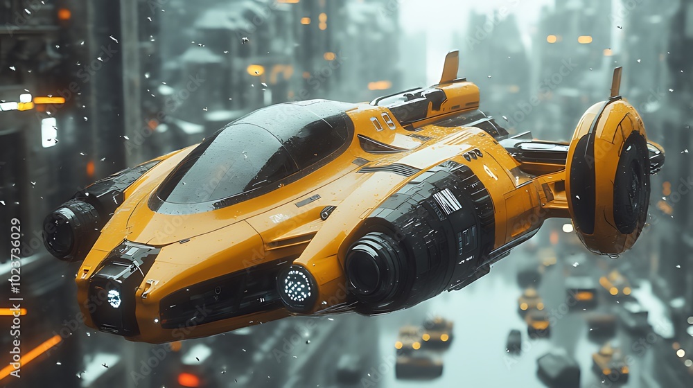 A futuristic yellow flying car hovers above a snowy city street. A futuristic yellow flying car hovers above a snowy city street.