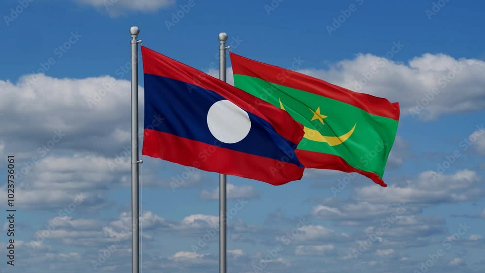 Mauritania and Laos flags flying together, video concept of the relationship, two country relations concept Mauritania and Laos flags flying together, video concept of the relationship, two country relations concept