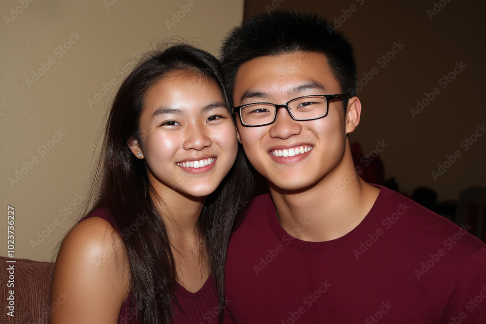 Young couple smiling together in casual outfits during a cozy indoor gathering Young couple smiling together in casual outfits during a cozy indoor gathering