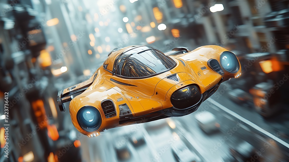 A futuristic yellow flying car hovers above a busy city street, with other cars and buildings in the background. A futuristic yellow flying car hovers above a busy city street, with other cars and buildings in the background.
