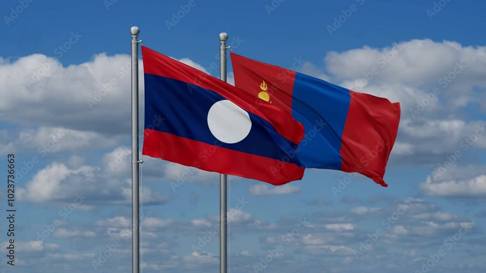 Mongolia and Laos flags flying together, video concept of the relationship, two country cooperation concept Mongolia and Laos flags flying together, video concept of the relationship, two country cooperation concept