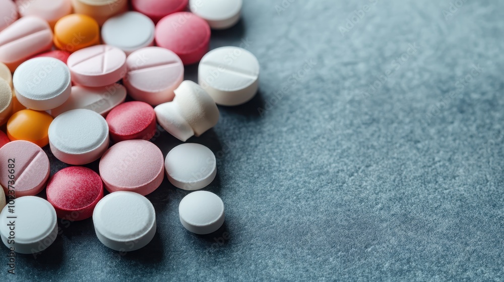 A collection of round, colorful pills of various sizes and colors is scattered across a textured gray surface, conveying themes of healthcare and medication use. A collection of round, colorful pills of various sizes and colors is scattered across a textured gray surface, conveying themes of healthcare and medication use.